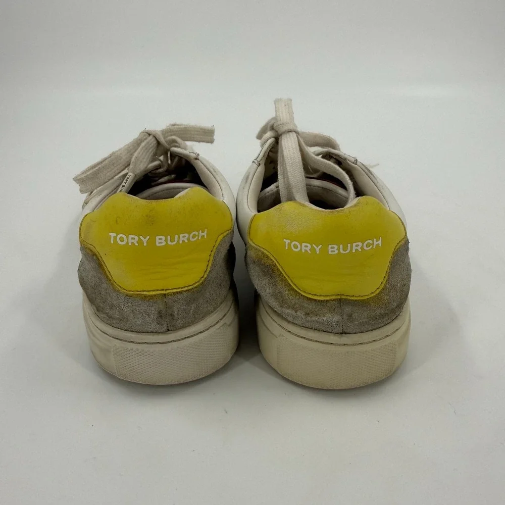 Tory Burch Bari Nappa Sneakers Womens 7 White Gray Leather Athletic Lace Up